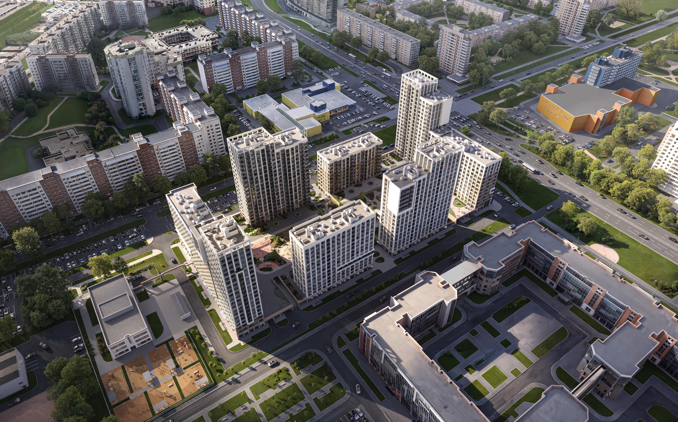 Панорамный вид с высоты птичьего полета на ЖК Гений и окружающую застройку Невского района с транспортными развязками