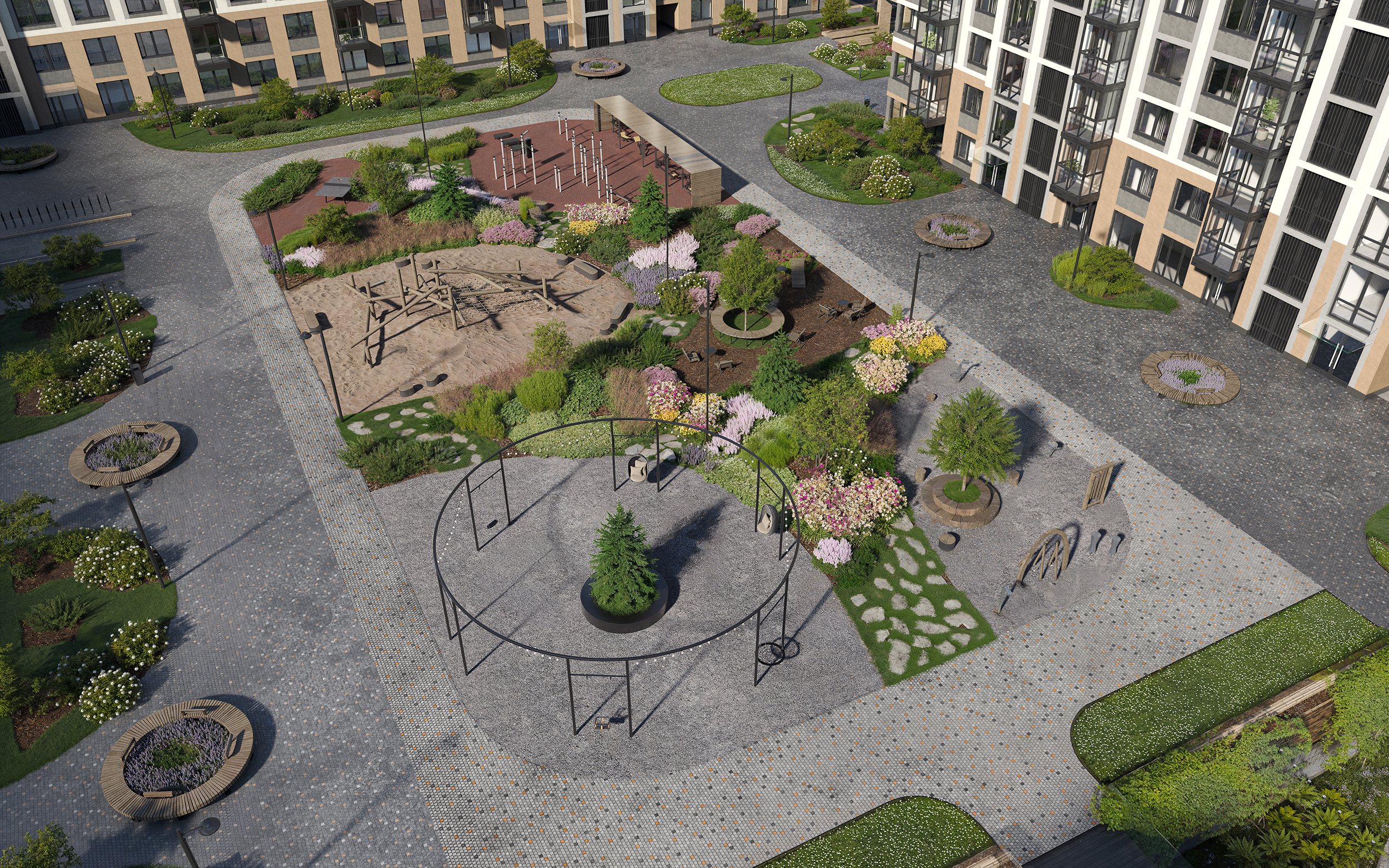 Современная детская игровая площадка во внутреннем дворе с безопасным покрытием и ландшафтным дизайном