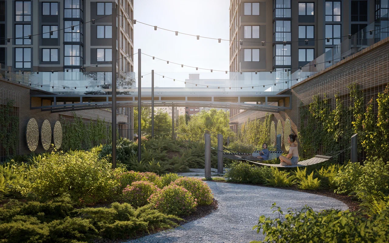 Интеллектуальный двор ЖК Гений без машин с ландшафтным дизайном, детскими площадками, тренажерами и зонами отдыха