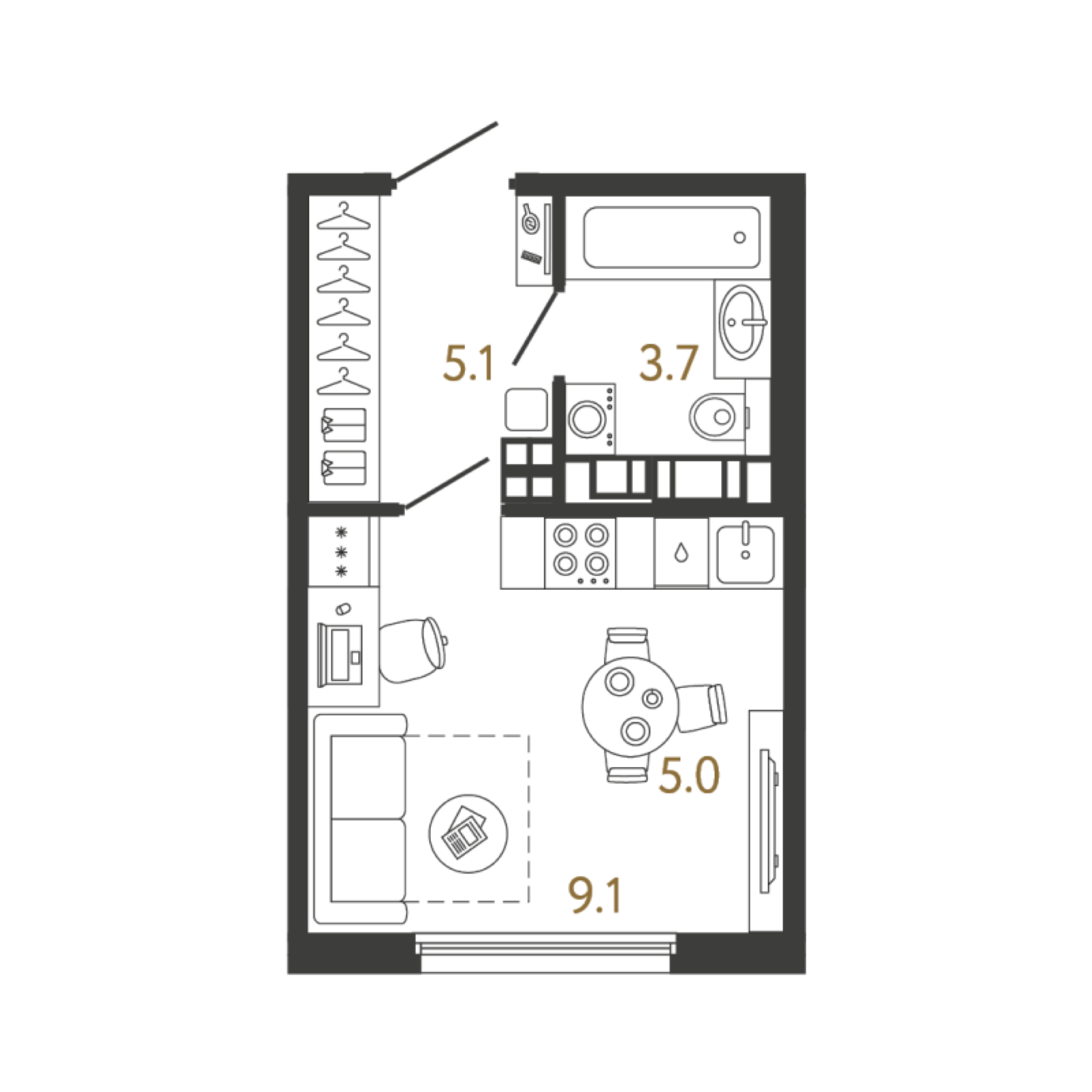 Планировка Студия 22,8 м² в ЖК Гений - Тип планировки: 1C-2A с оптимальным зонированием пространства